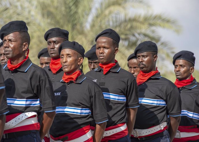 09 April 2019, Djibouti, Djibouti City: Somali Police Officers stand in formation during a graduation ceremony at the Djibouti Police Academy. Photo: Joe Rullo/Planet Pix via ZUMA Wire/dpa