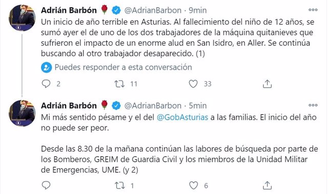 Twit del Presidente del Principado, Adrián Barbón.