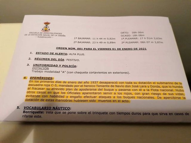 Orden del día 1 de enero de 2020 de la Escuela Naval de la Armada en Ferrol, que lleva en sus 'efemérides' el hundimiento de un submarino de la "escuadra roja".