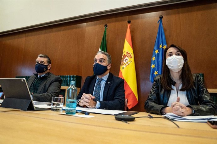 El consejero de la Presidencia, Administración Pública e Interior de la Junta de Andalucía, Elías Bendodo (en el centro), en una imagen de archivo.