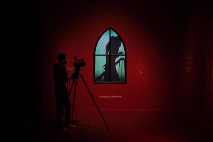 Un espectador contempla una de las obras que componen la exposición Vampiros. La evolución del mito durante el día de su presentación en Caixaforum, en Barcelona, Catalunya (España), a 29 de octubre de 2020