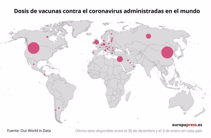 Mapa con dosis de vacunas contra el coronavirus administradas en el mundo
