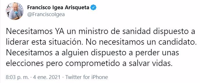 Tuit publicado por el vicepresidente de la Junta, Francisco Igea.