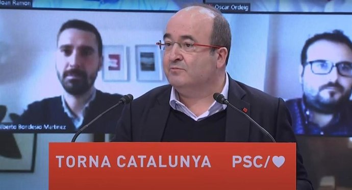 El primer secretario del PSC, Miquel Iceta, durante su intervención en un acto telemático con militantes del partido.