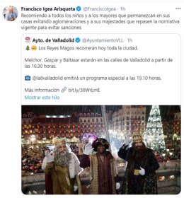 Tuit del vicepresidente de la Junta de Castilla y León sobre el recorrido de los Reyes Magos por Valladolid.