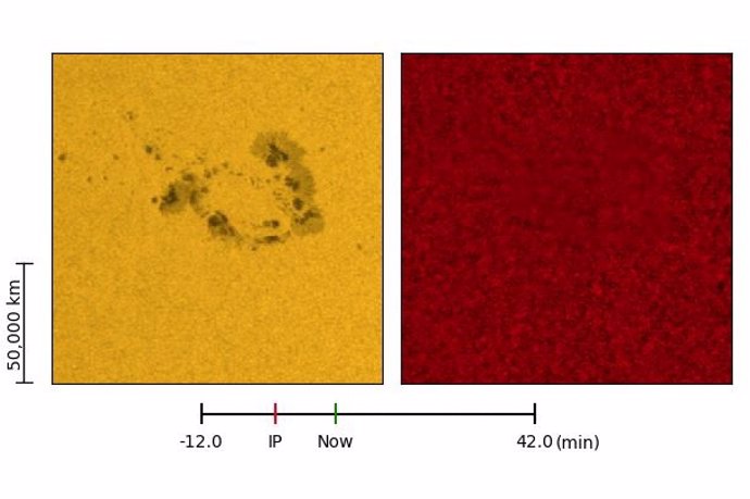 Ondas similares a un terremoto atraviesan el Sol. El cuadro de la izquierda muestra la región activa en luz visible (ámbar) y ultravioleta extrema (rojo). El de la derecha las ondas en la superficie periférica del Sol hasta 42 minutos después del destel