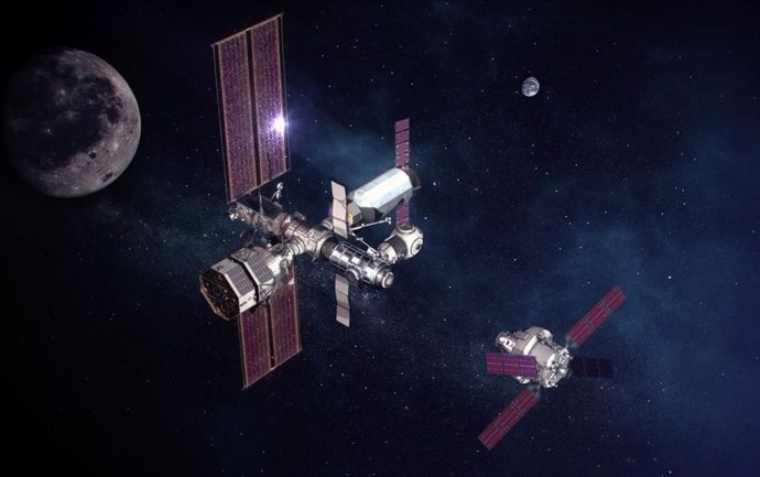 Ilustración de una nave Orion acercándose a la estación orbital lunar Gateway