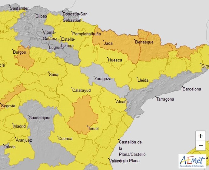 Aviso naranja por temperaturas mínimas en el Pirineo y Teruel y amarillo en casi todo Aragón.