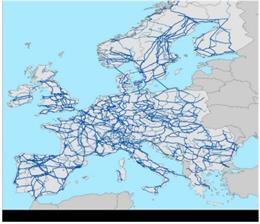 Mapa de la red de distribución eléctrica en Europa.