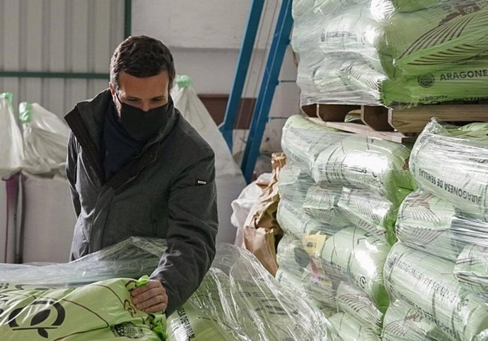 El líder del PP, Pablo Casado, tras visitar las instalaciones de Comercial ALECA en Lleida junto al presidente del PP de Cataluña, Alejandro Fernández. En Lleida, 7 de enero de 2021.