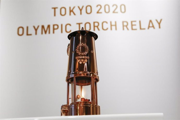 31 August 2020, Japan, Tokyo: A lantern containing the Olympic Flame is on display during a ceremony at the Japan Olympic Museum. Photo: Rodrigo Reyes Marin/ZUMA Wire/dpa