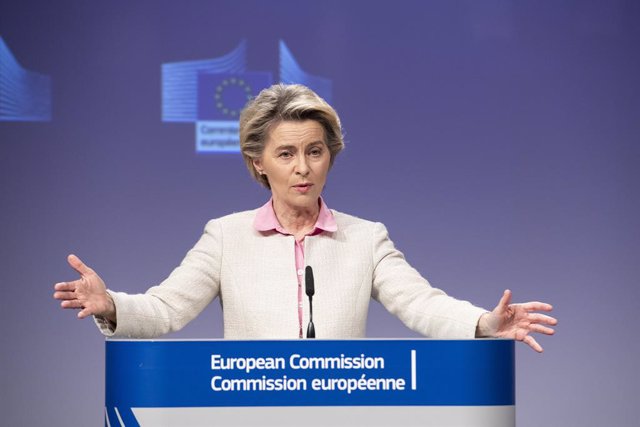 HANDOUT - 24 December 2020, Belgium, Brussels: European Commission President Ursula von der Leyen speaks during a press conference, on the post-Brexit trade deal agreement. Britain and the European Union have struck a historic post-Brexit trade deal jus