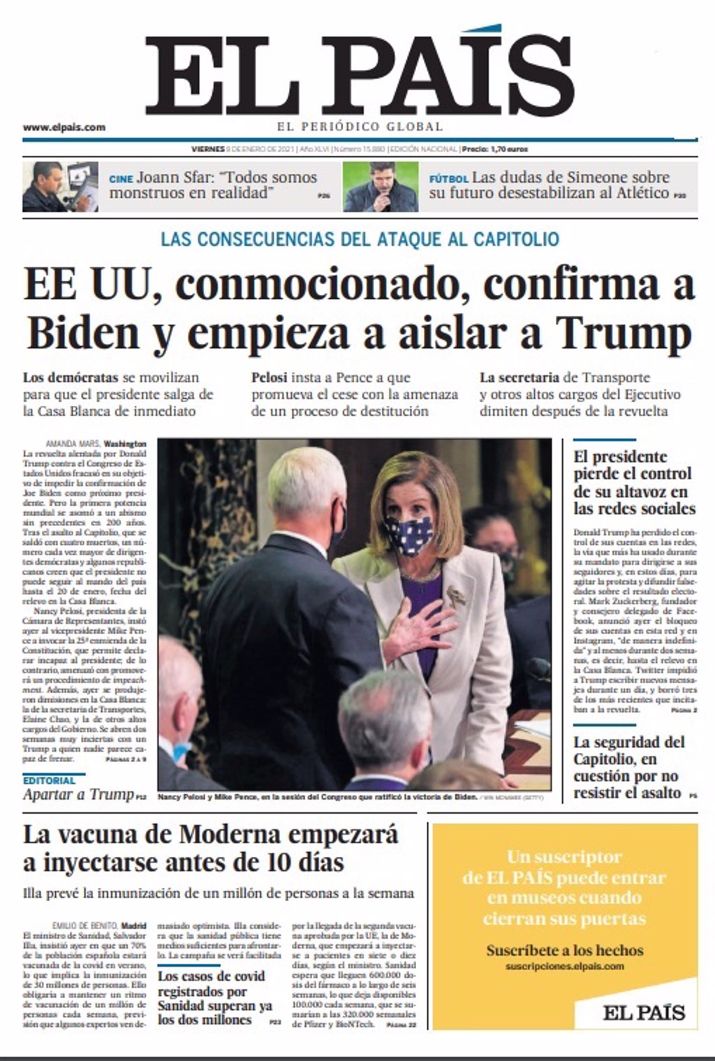 Las portadas de los periódicos del viernes 8 de enero de 2021