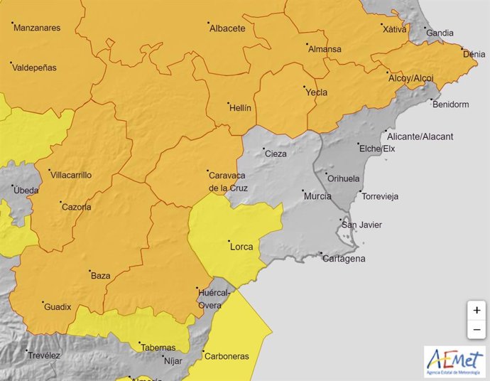 Imagen de los avisos por fenómenos meteorológicos adversos activos en la Región