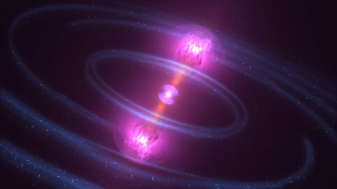 Cuando las estrellas de neutrones chocan, algunos de los escombros se dispersan en chorros de partículas que se mueven casi a la velocidad de la luz, produciendo una breve explosión de rayos gamma.