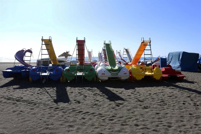 Hoteles en la  playa Playamar en Torremolinos donde se encuentra cerrada  debido al decreto de Estado de Alarma por el COVID-19. Málaga a 22 de abril del 2020