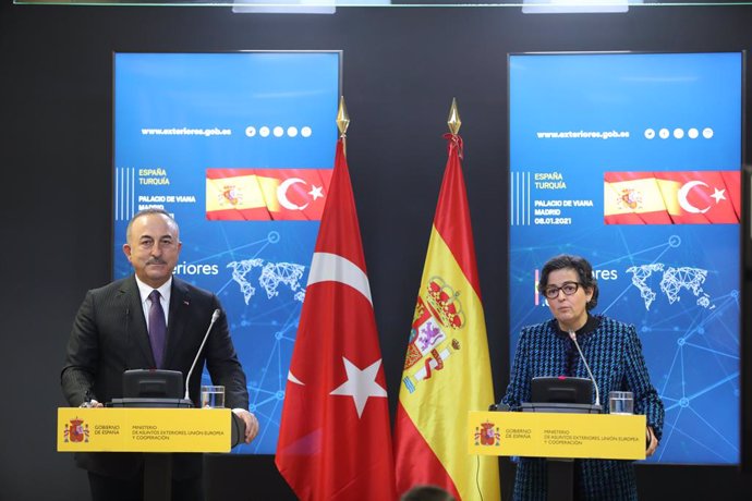 El ministro de Asuntos Exteriores de la República de Turquía, Mevlüt avusoglu y la ministra de Asuntos Exteriores, Unión Europea y Cooperación, Arancha González Laya durante una rueda de prensa en el Palacio de Viana, en Madrid (España), a 8 de enero d