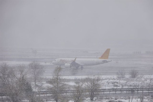 Un avión de la compañía Flypgs en el Aeropuerto de Madrid-Barajas Adolfo Suárez, en Madrid (España), a 8 de enero de 2021.