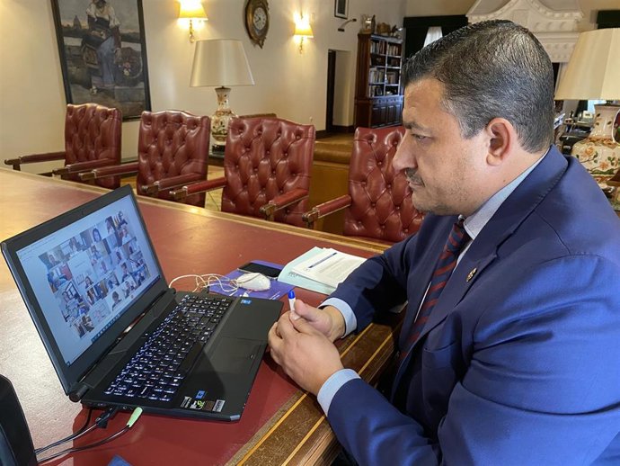 El presidente de la Diputación de Ávila, Carlos García, en una reunión telemática.