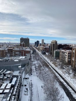 El paseo de la Castellana, tras la nevada fruto del temporal Filomena, en Madrid (España)