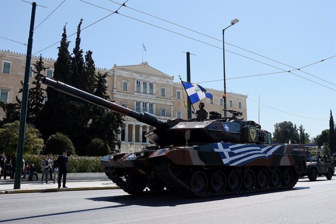 25 March 2019, Greece, Athens: A tank of the Greek Army rolls during a military parade to mark the Greek Independence Day, which commemorates the Greek War of Independence against the Ottoman Empire. Photo: Giorgos Zachos/SOPA Images via ZUMA Wire/dpa