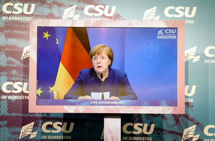 07 January 2021, Berlin: German Chancellor Angela Merkel makes a statement on the storming of the US Capitol by Trump supporters in Washington at the beginning of the digital press conference during the winter retreat of the CSU parliamentary group in t