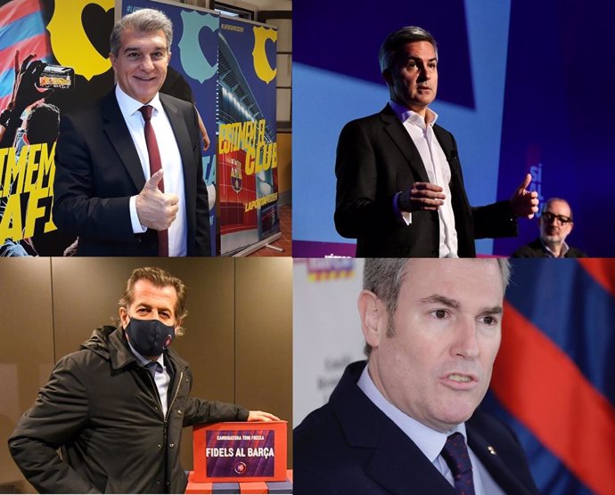 Los cuatro precandidatos con opciones a ser candidatos a la presidencia del FC Barcelona el 24 de enero de 2021: Joan Laporta, Víctor Font, Toni Freixa y Emili Rousaud (de arriba abajo e izquierda a derecha)