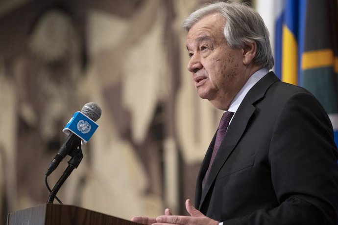 HANDOUT - 28 February 2020, US, New York: UN Secretary-General Antonio Guterres speaks during a press conference regarding Syria and COVID-19. Photo: Mark Garten/United Nations/dpa - ATTENTION: editorial use only and only if the credit mentioned above i