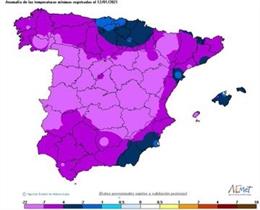 Mapa del frío en España este maryes, 12 de enero, facilitado por la Aemet
