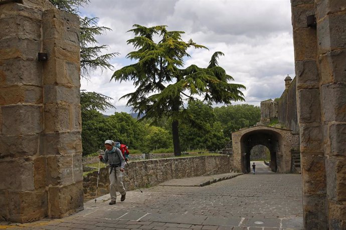 Un peregrino camina por el Portal de Francia, en Pamplona