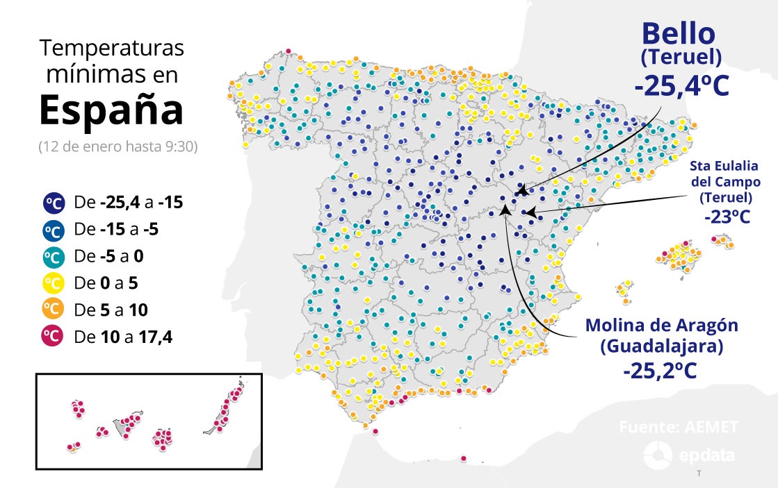 Temperaturas minimas en Espana el 12 de enero en graficos.