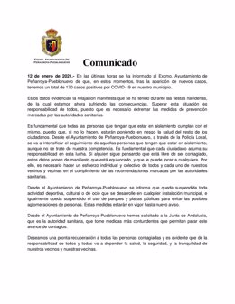 Comunicacin difunndida por el Ayuntamiento de Peñarroya-Pueblonuevo en sus redes sociales sobre los casos de Covid-19 que sufre.