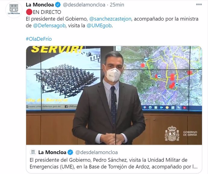 El presidente del Gobierno, Pedro Sánchez, en su visita a la Unidad Militar de Emergencias (UME)