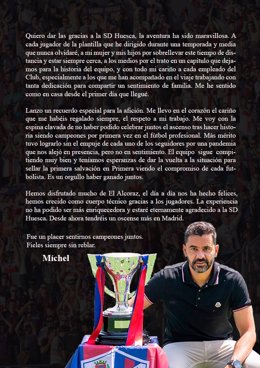 Míchel tilda de "maravillosa" su etapa en Huesca en una carta de despedida tras su cese