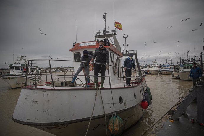 Llegada de un barco pesquero de la lonja de la Cofradía de Pescadores de Sanlúcar de Barrameda, que han implantado más seguridad y medidas de protección para poder trabajar de la forma más segura posible durante la pandemia del coronavirus, (Covid-19). 