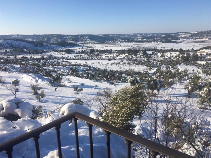 Vista del municipio de Horta de Sant Joan (Tarragona) tras el temporal Filomena.