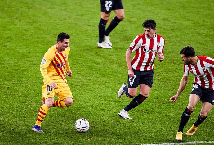 Lionel Messi of FC Barcelona during the Spanish league, La Liga Santander, football match played between Athletic Club and FC Barcelona at San Mames stadium on January 6, 2021 in Bilbao, Spain.