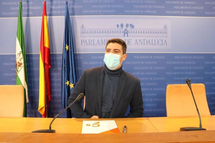 El portavoz del grupo parlamentario de Ciudadanos, Sergio Romero, en rueda de prensa.