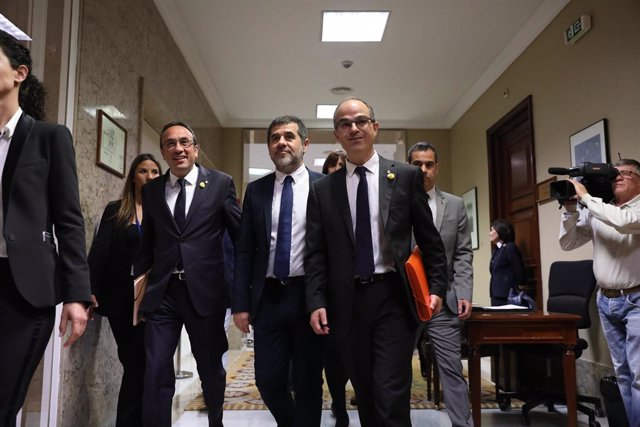 Els exconsellers de la Generalitat Jordi Turull i Josep Rull i l'expresident de l'ANC Jordi Sànchez, condemnats per sedició en el judici del procés.