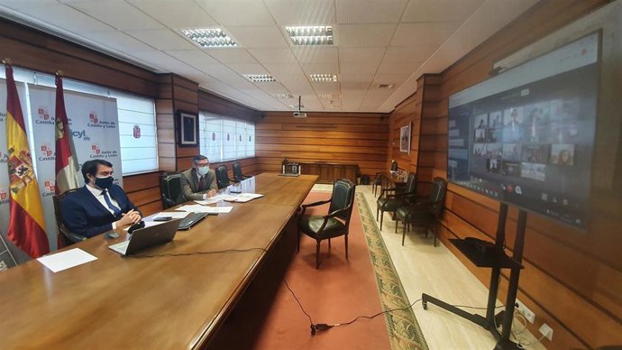 Reunión por videoconferencia del consejero de Fomento y Medio Ambiente,Juan Carlos Suárez-Quiñones, con los miembros de la Mesa de la Resina.
