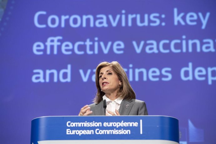 15 October 2020, Belgium, Brussels: European Commissioner in charge of Health Stella Kyriakides, speaks during a press conference with Commissioner for Promoting our European Way of Life Margaritis Schinas on the Coronavirus EU Vaccination Strategy.