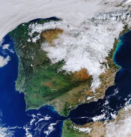 Imagen de satélite, Copernicus Sentinel-3, ESA, de la Península Ibérica tras el paso de 'Filomena'