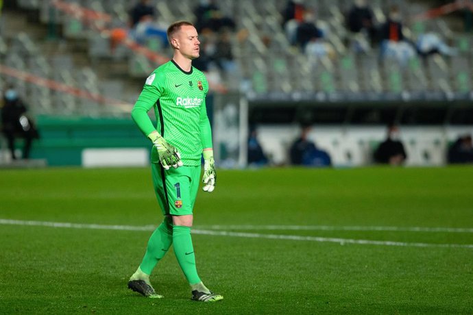 Marc Andre ter Stegen of Barcelona during the Spanish SuperCup First Semifinal between Real Sociedad and Futbol Club Barcelona at Nuevo Arcangel stadium on January 13, 2021 in Cordoba, Spain.