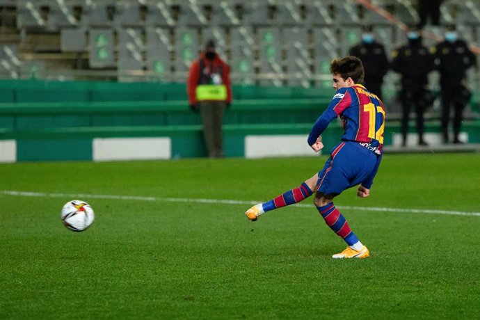 Riqui Puig of Barcelona during the Spanish SuperCup First Semifinal between Real Sociedad and Futbol Club Barcelona at Nuevo Arcangel stadium on January 13, 2021 in Cordoba, Spain.