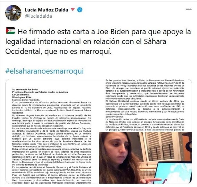 Carta firmada por la diputada de Unidas Podemos Lucía Muñoz.