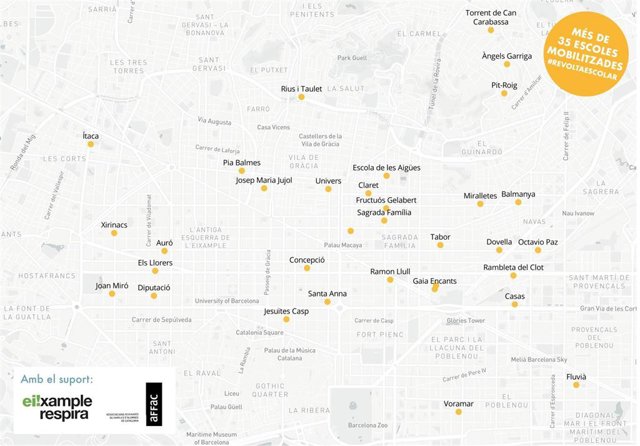Mapa de los cortes de calles frente a escuelas programados por Eixample Respira