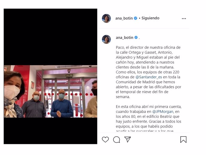 Captura de pantalla de la publicación de Instagram en la que Ana Botín visita una oficina del Santander en la calle Ortega y Gasset de Madrid.