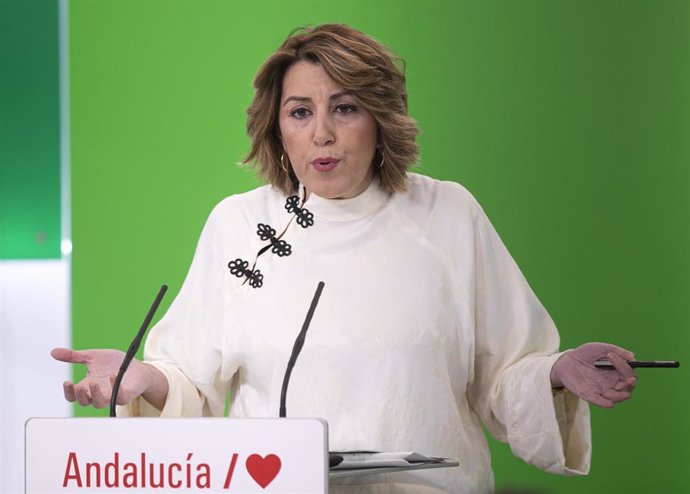 La secretaria general del PSOE-A, Susana Díaz, comparece en rueda de prensa. En Sevilla (Andalucía, España), a 15 de enero de 2021.