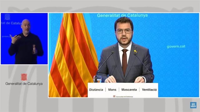 El vicepresidente de la Generalitat, Pere Aragonès, en una declaración institucional telemática tras posponer las elecciones catalanas hasta el 30 de mayo.