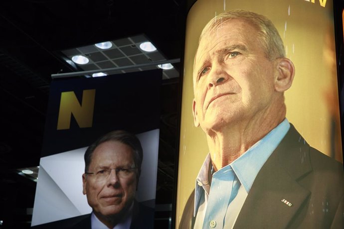 April 27, 2019 - Indianapolis, Indiana, United States: Photos of NRA Chief Executive and Executive Vice President Wayne LaPierre, left, and former president of the NRA Oliver North are on display during the during the third day of the National Rifle Ass